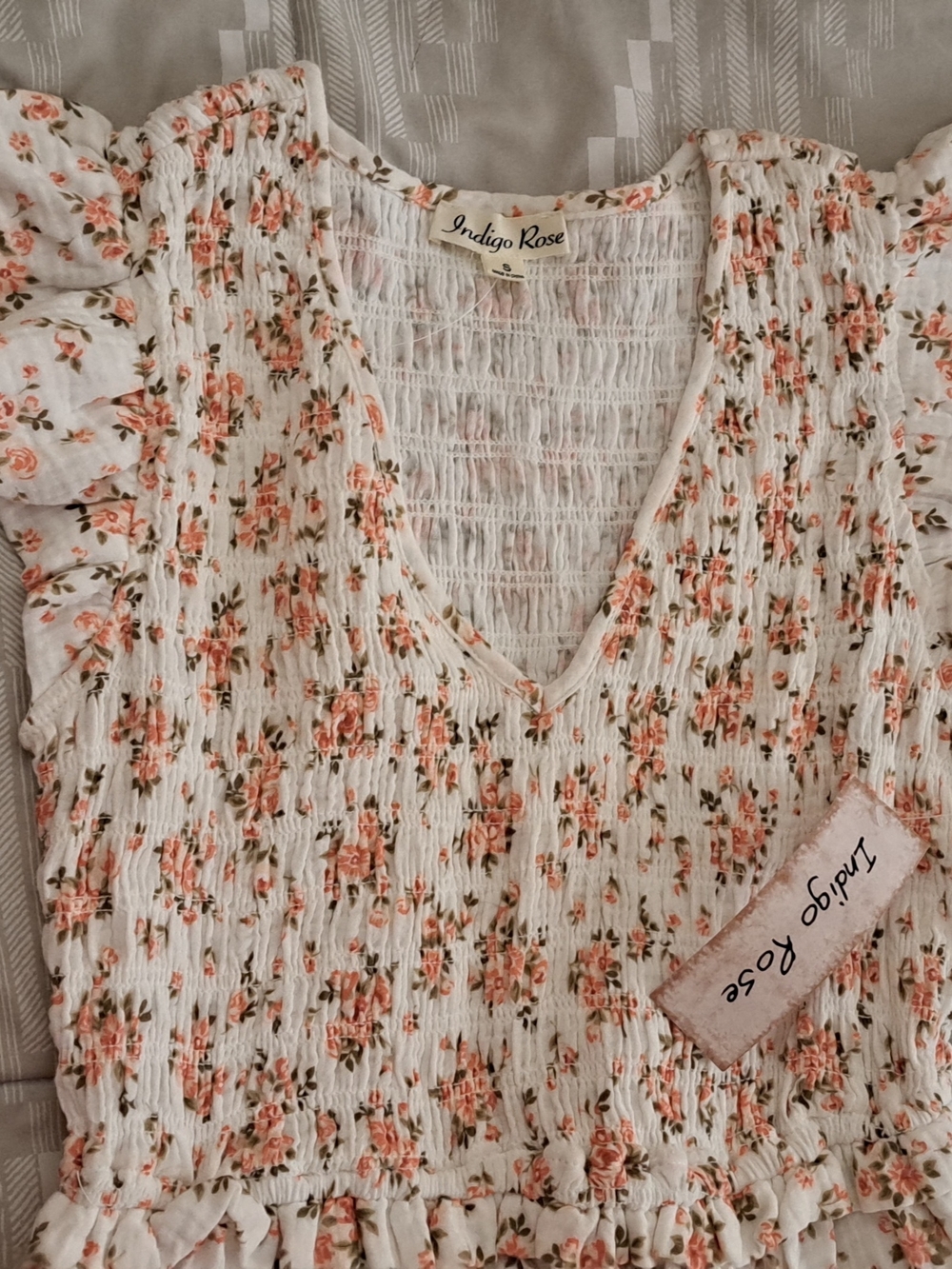 Womens Floral Smocked Maxi Dress - Cream with Peach Floral - Picture 2 of 3